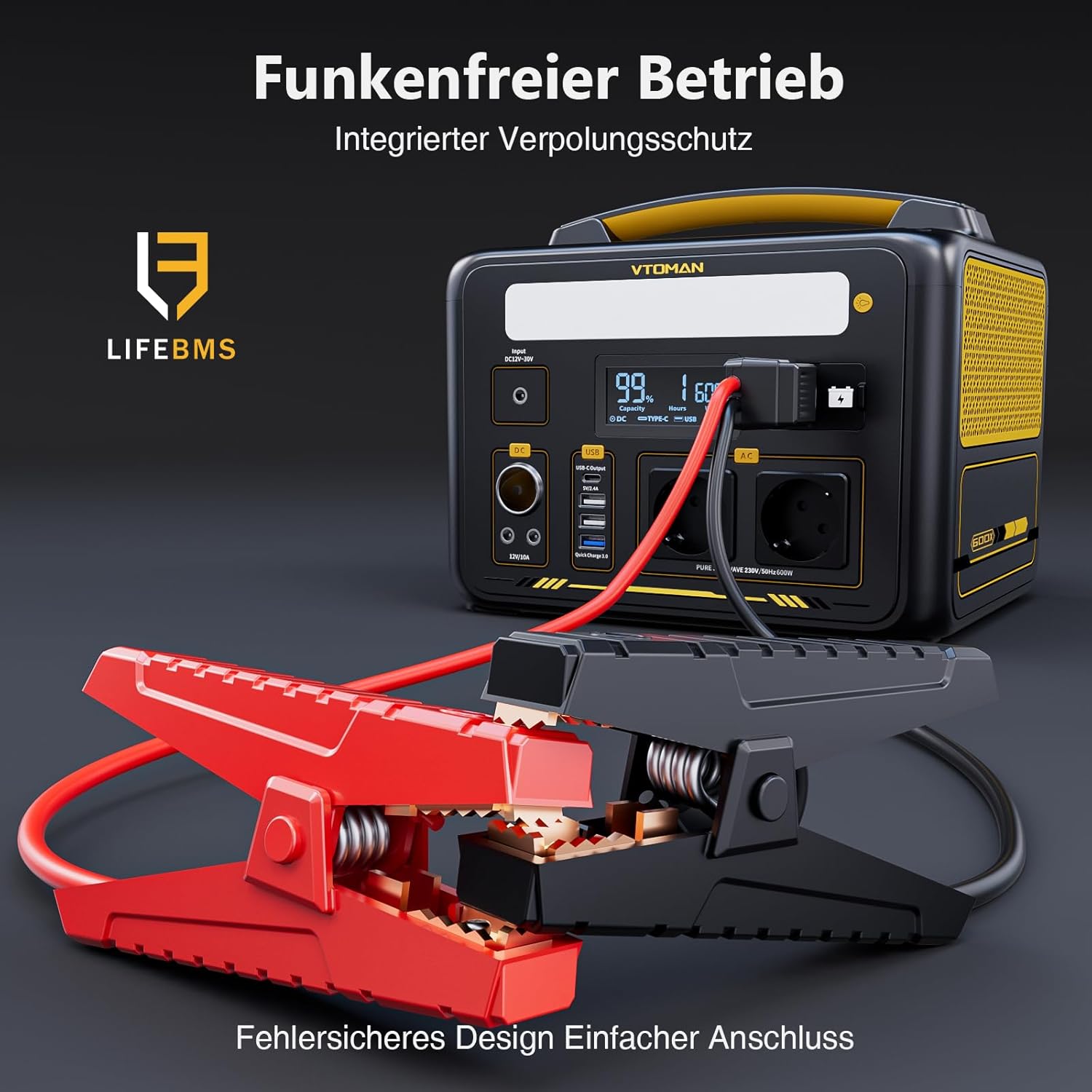VTOMAN Jump 600X Tragbares Kraftwerk 600 W mit Überbrückungskabel 299 Wh Solargenerator LiFePO4-Batterie-Stromgenerator Mobiler Stromspeicher Erweiterbare Kapazität für Camping-Notfälle – Bild 2