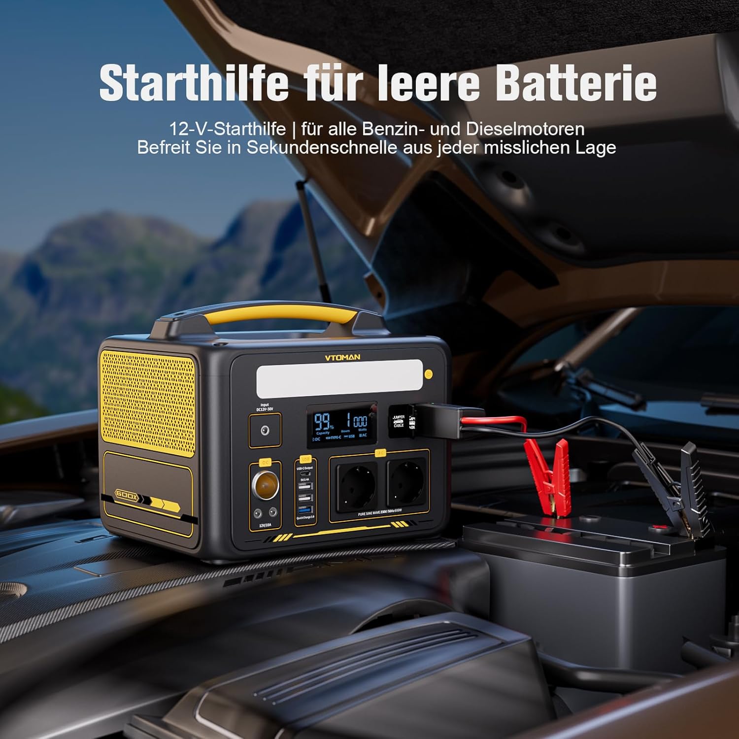 VTOMAN Jump 600X Tragbares Kraftwerk 600 W mit Überbrückungskabel 299 Wh Solargenerator LiFePO4-Batterie-Stromgenerator Mobiler Stromspeicher Erweiterbare Kapazität für Camping-Notfälle – Bild 4