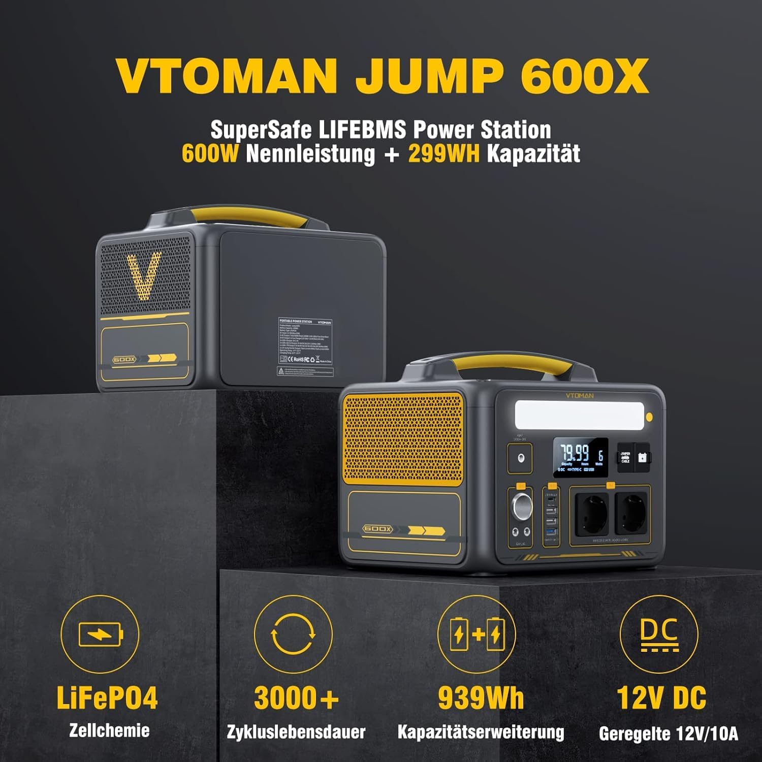 VTOMAN Jump 600X Tragbares Kraftwerk 600 W mit Überbrückungskabel 299 Wh Solargenerator LiFePO4-Batterie-Stromgenerator Mobiler Stromspeicher Erweiterbare Kapazität für Camping-Notfälle – Bild 5