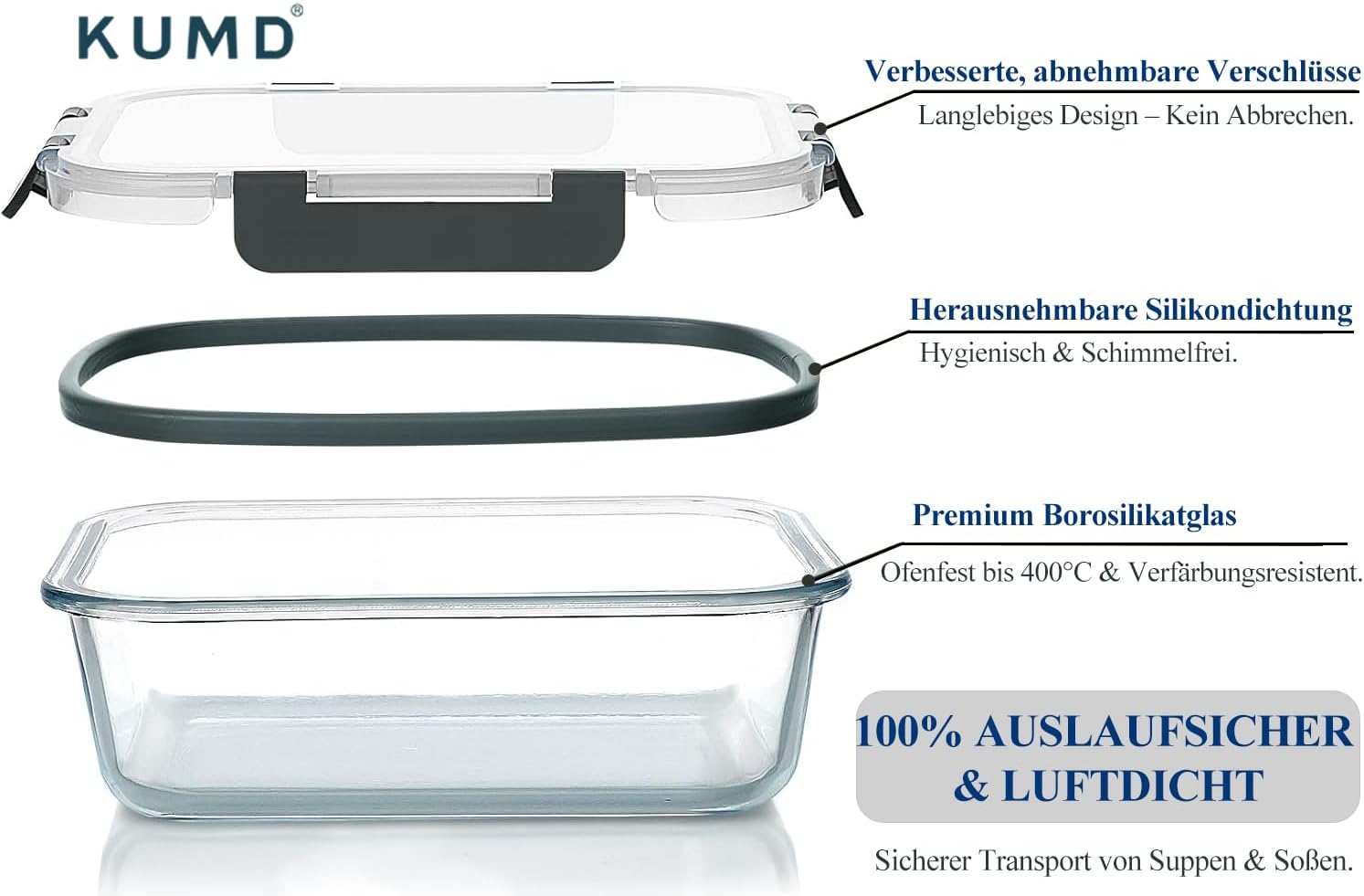 KUMD 20 Teile (10 Sets) Glas-Frischhaltedosen Set für Lebensmittel – undichtungsfrei für Meal Prep & Lunch, Ofen/Mikrowelle/Gefrierfach/Spülmaschine, LFGB-zertifiziert & BPA-frei – Bild 4