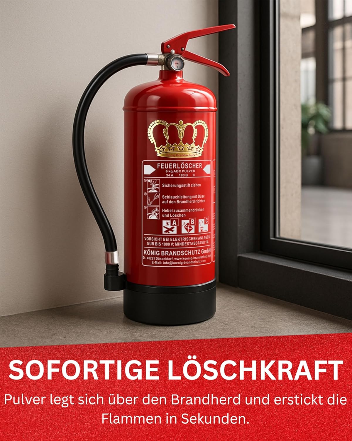 King Feuerlöschpulver, 6 kg, geeignet für die Brandklassen ABC, nach DIN EN3, Dauerdruck 10 LE, inkl. Wandhalterung mit Manometer (2 x Pulver 6 kg), 2 Stück – Bild 2