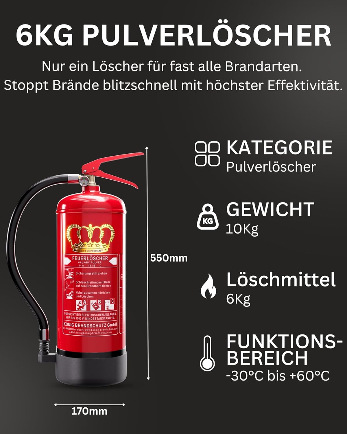 King Feuerlöschpulver, 6 kg, geeignet für die Brandklassen ABC, nach DIN EN3, Dauerdruck 10 LE, inkl. Wandhalterung mit Manometer (2 x Pulver 6 kg), 2 Stück – Bild 4