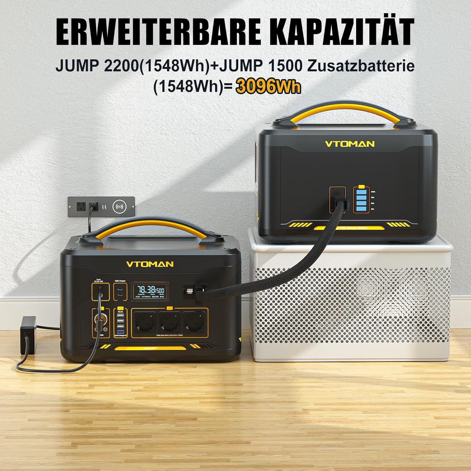 VTOMAN Jump 2200 Tragbares Kraftwerk mit Überbrückungskabel – 1548 Wh/2200 W (Spitze 4400 W) LiFePO4-Akku mit erweiterbarer Kapazität auf 3096 Wh für die sichere Rettung von Fahrzeugen im Notfall – Bild 3