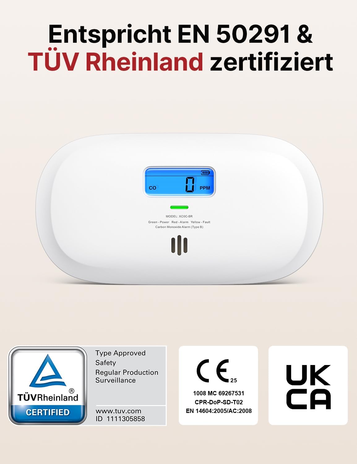 X-Sense Kohlenmonoxidmelder, TÜV Rheinland zertifiziert, 10-Jahres-Sensor, CO-Melder mit austauschbarer Batterie und Digitalanzeige, Kohlenmonoxidmelder mit Testtaste, XC0C-SR, 2 Stück – Bild 2