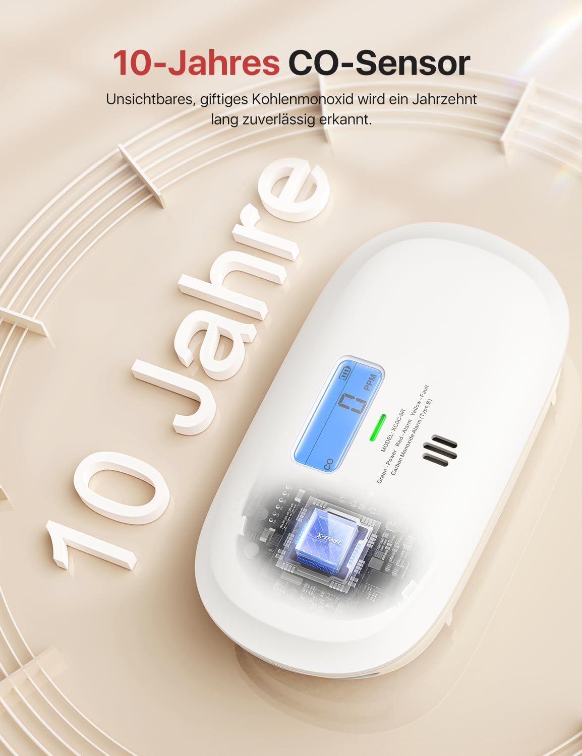 X-Sense Kohlenmonoxidmelder, TÜV Rheinland zertifiziert, 10-Jahres-Sensor, CO-Melder mit austauschbarer Batterie und Digitalanzeige, Kohlenmonoxidmelder mit Testtaste, XC0C-SR, 2 Stück – Bild 3
