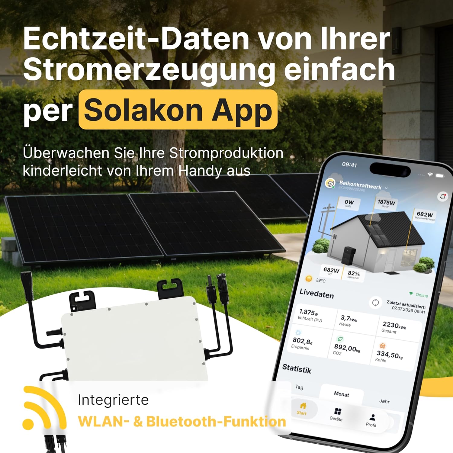Solakon 1000 W Balkonkraftwerk mit Halterung (Gartenhaus) – 800 W Komplettsteckdose – Neuester 800 Watt Wechselrichter – Solaranlage Komplettset – 500 W bifaziale Solarmodule inklusive Zubehör – Bild 2