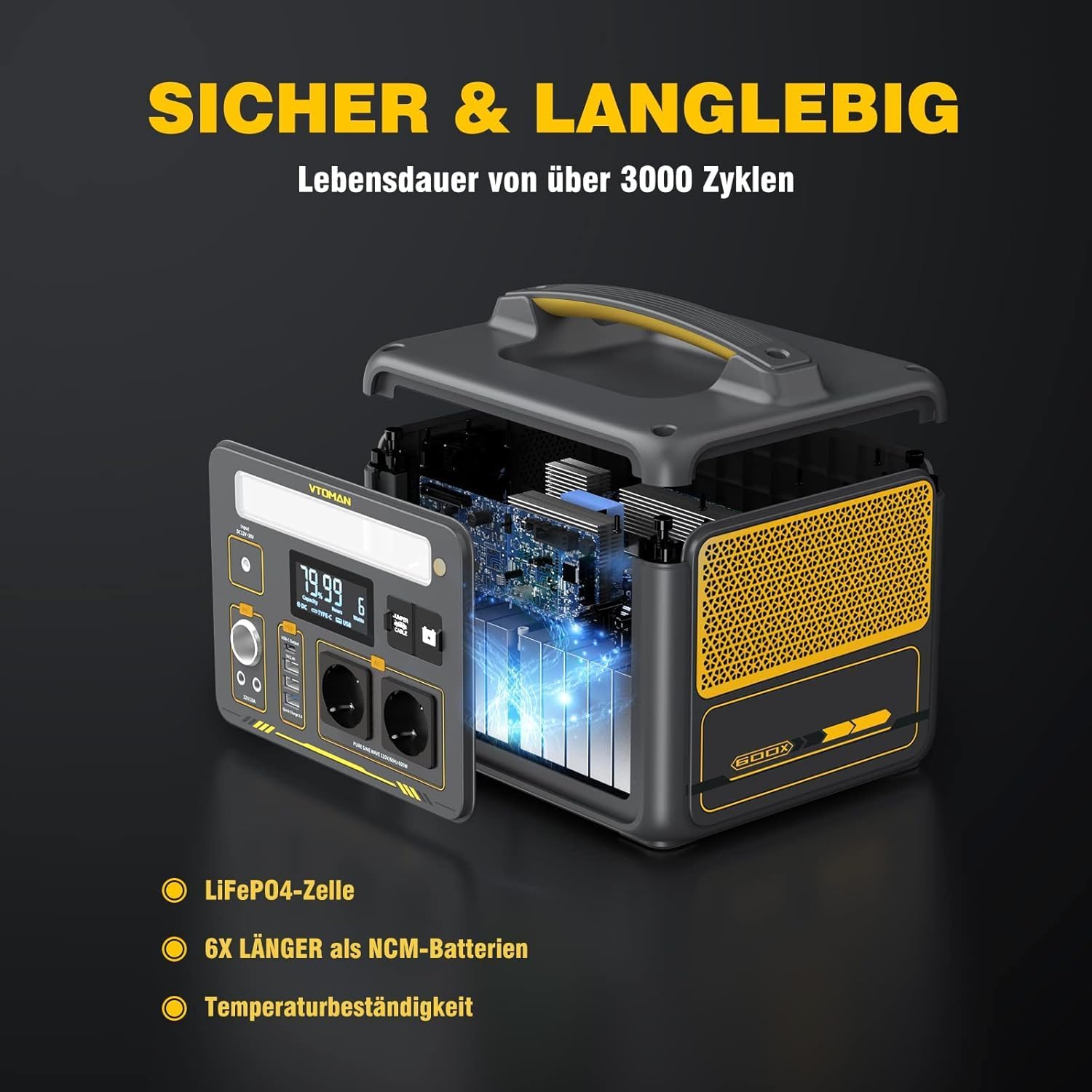 VTOMAN Jump 600X Tragbares Kraftwerk mit 110 W Solarpanel – 600 W/299 Wh LiFePO4-Akku-Solarstromgenerator, erweiterbare Kapazität auf 939 Wh für Camping, Wohnmobil, Reisen, Stromausfälle, Notfall – Bild 3