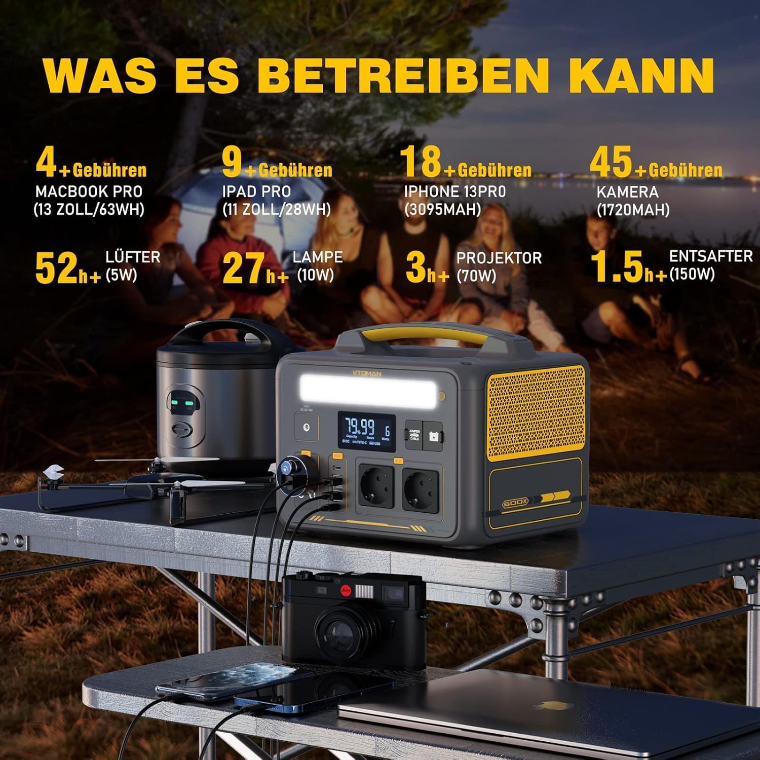 VTOMAN Jump 600X Tragbares Kraftwerk mit 110 W Solarpanel – 600 W/299 Wh LiFePO4-Akku-Solarstromgenerator, erweiterbare Kapazität auf 939 Wh für Camping, Wohnmobil, Reisen, Stromausfälle, Notfall – Bild 8