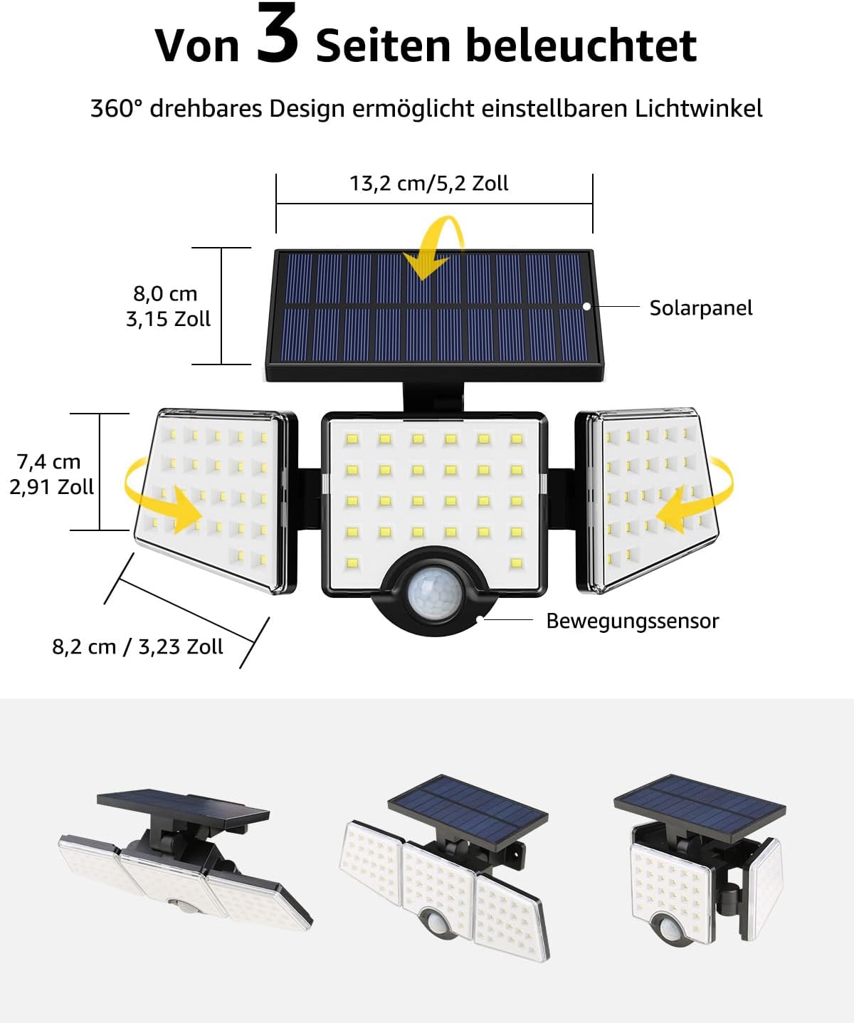 LE Solarleuchten für den Außenbereich mit Bewegungsmelder, 3 verstellbarer Kopf 70 LED 6500K Solarleuchte Außen Solar Wandleuchte IP64 Wasserdicht, Außenleuchte 270° Winkel für Garten, Balkon, Garage, Hof – Bild 6