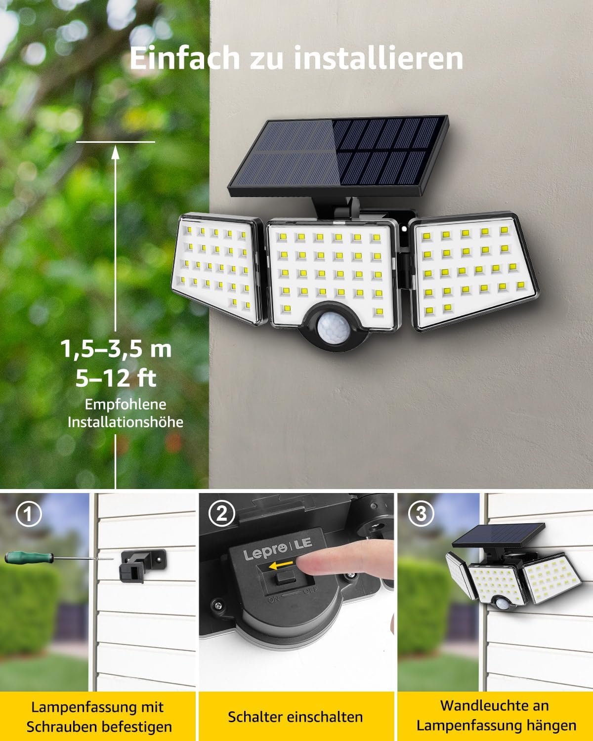 LE Solarleuchten für den Außenbereich mit Bewegungsmelder, 3 verstellbarer Kopf 70 LED 6500K Solarleuchte Außen Solar Wandleuchte IP64 Wasserdicht, Außenleuchte 270° Winkel für Garten, Balkon, Garage, Hof – Bild 7