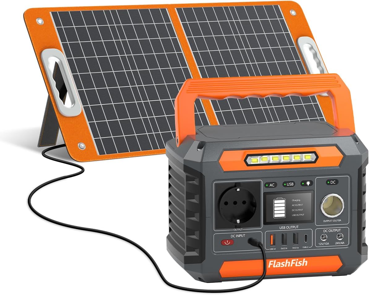 FlashFish 144,3 Wh tragbares Kraftwerk mit Solarpanel 60 W, 200 W Solargenerator mit 230 V AC/DC/USB/Typ C/LED-Leuchten, Stromgenerator-Akku für Camping, Reisen, Unterwegs, Notstrom