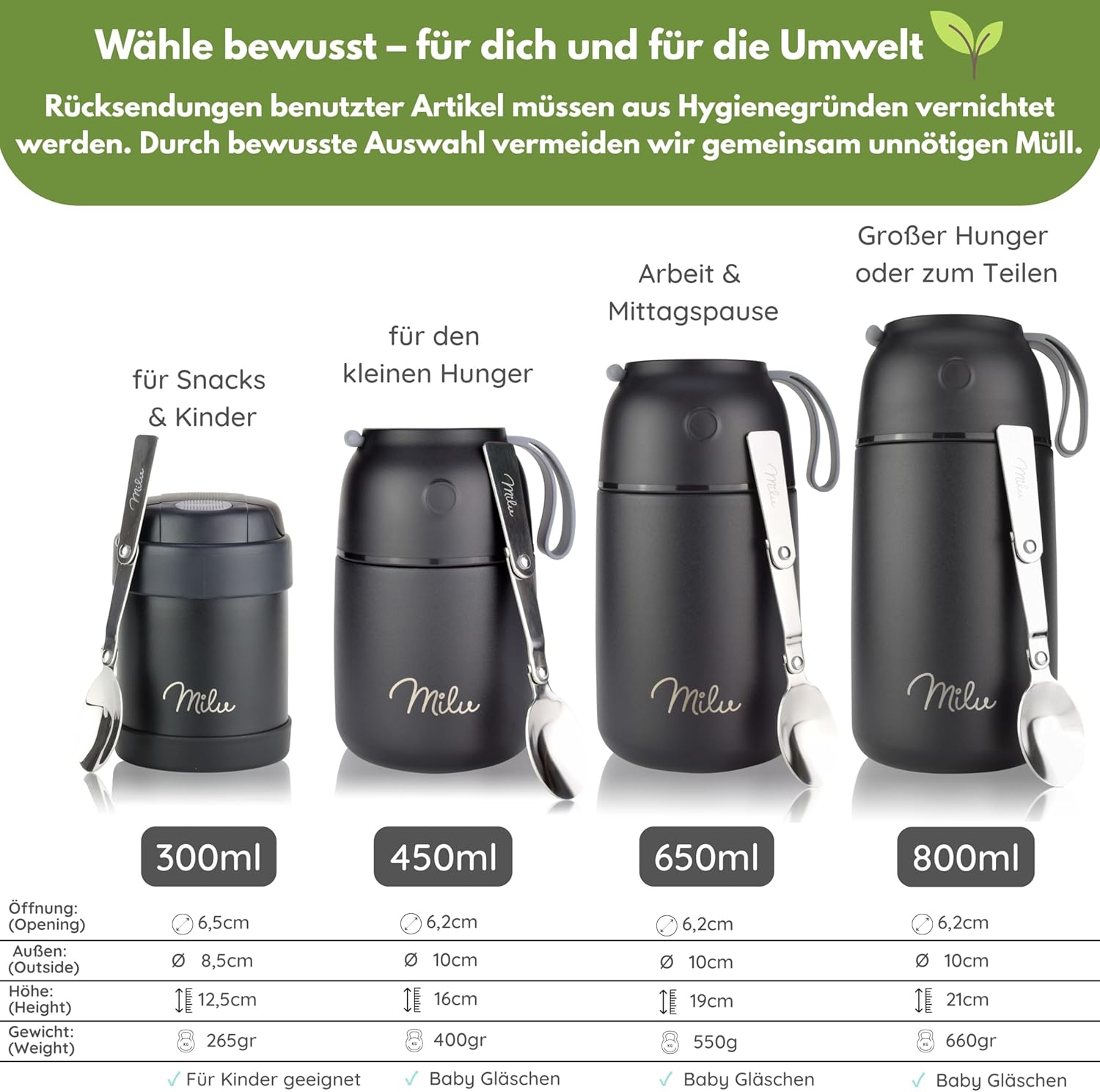 Milu® Thermo-Speisebehälter, 300/440/450/650/800 ml, Edelstahl, Wärmekonservierung, für Babynahrung, Müsli to go, Grün (300 ml) – Bild 6