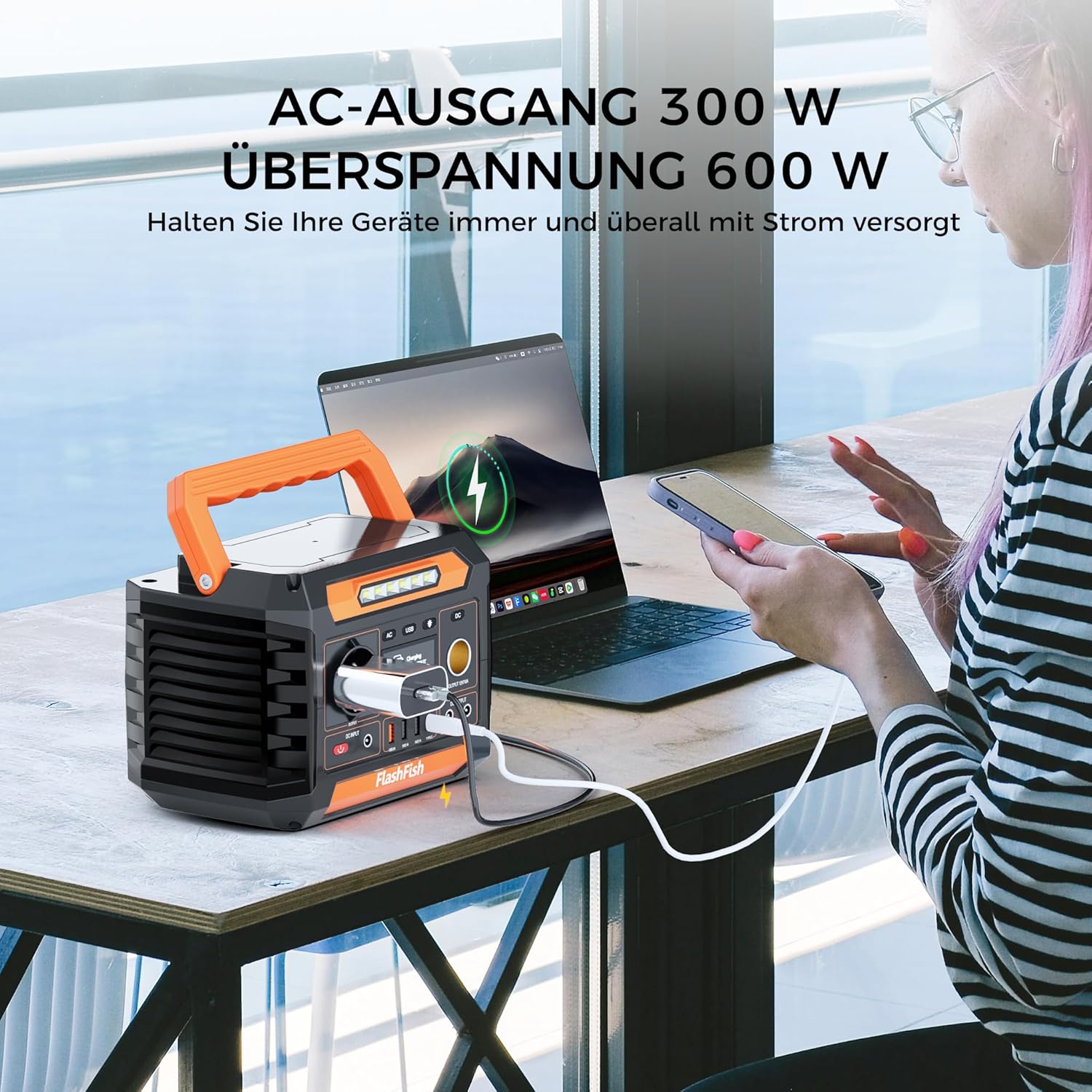 FlashFish P66 Tragbares Kraftwerk 230,88 Wh, Solargenerator 300 W (Spitzenleistung: 600 W) mit 2 Gleichstromanschlüssen, 4 USB-Anschlüssen, LED-Leuchten, Notstromgenerator-Batterie für Camping, Unterwegs, Stromausfälle – Bild 4