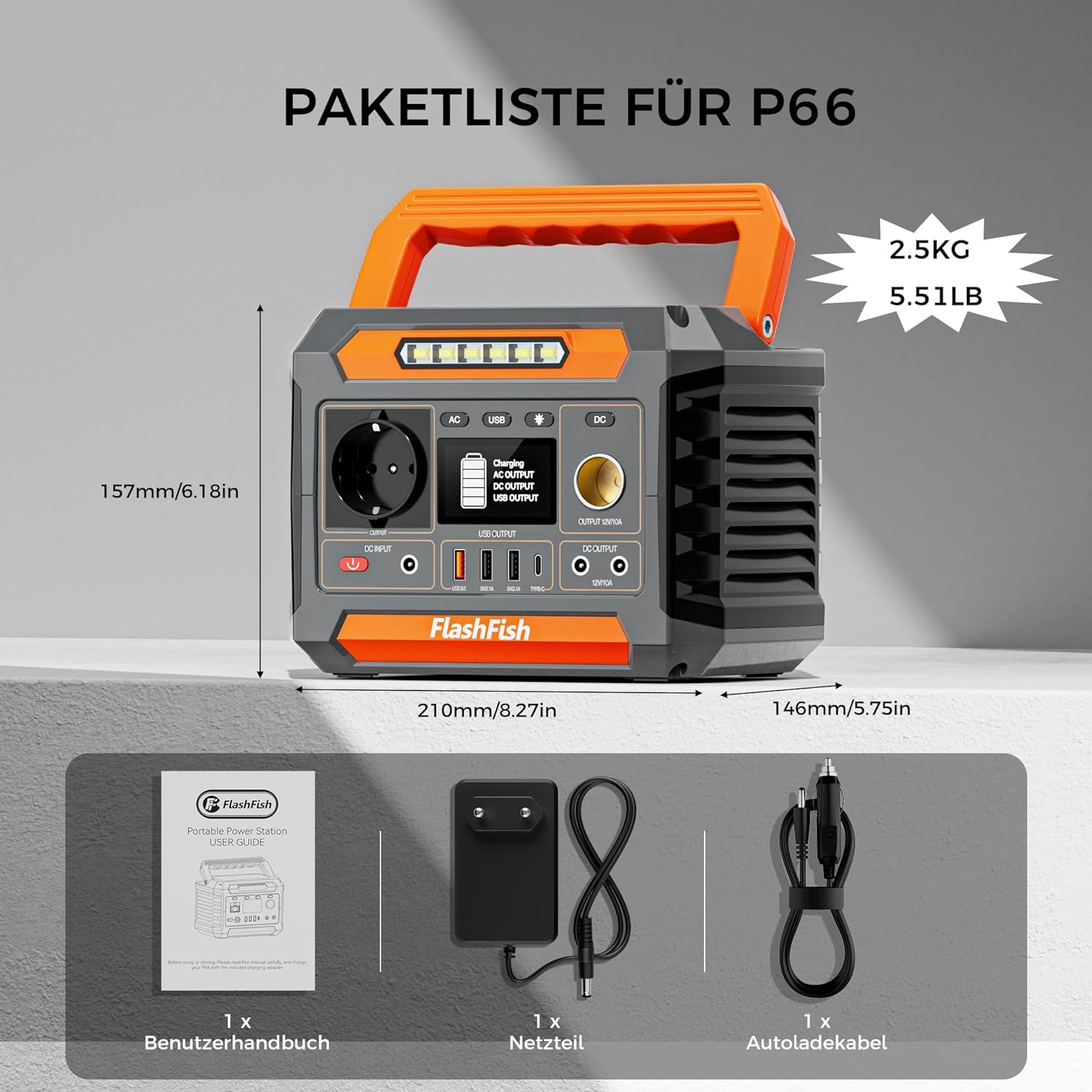 FlashFish P66 Tragbares Kraftwerk 230,88 Wh, Solargenerator 300 W (Spitzenleistung: 600 W) mit 2 Gleichstromanschlüssen, 4 USB-Anschlüssen, LED-Leuchten, Notstromgenerator-Batterie für Camping, Unterwegs, Stromausfälle – Bild 8