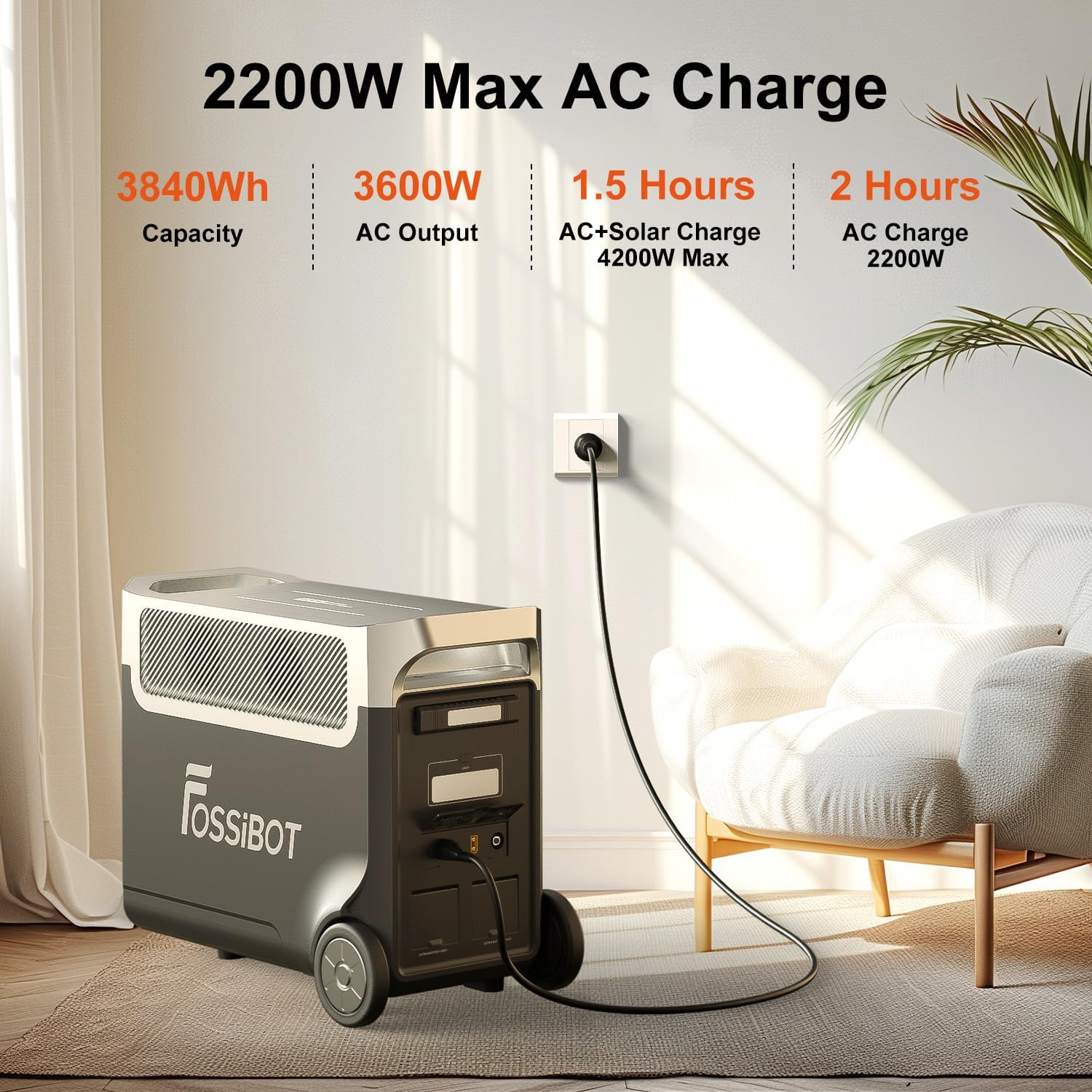 FOSSiBOT F3600 Pro Tragbare Powerstation 3840Wh, 3600W AC Output, erweiterbar 3,8-11,5 kWh, LFP-Batterie mit 6500+Zyklen, 2000W – Bild 2