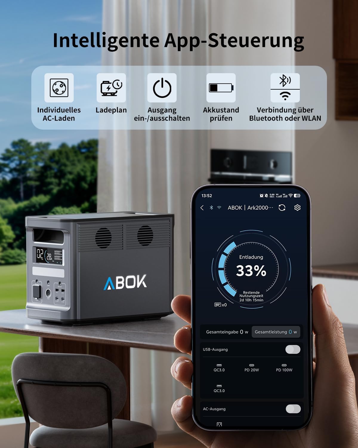 ABOK Ark2000 Tragbares Kraftwerk 1536 Wh LiFePO4, erweiterbar auf 4,6 kWh, 1,3 Stunden 0–100 % Schnellladung, 2000 W AC-Solargenerator mit USV und App-Steuerung für Camping, Notfälle, Wohnmobile und netzunabhängig – Bild 3