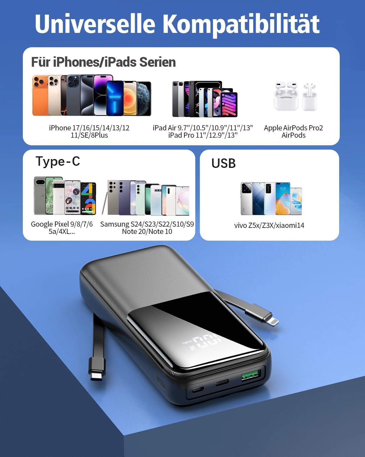 Powerbank 26800 mAh, tragbares Ladegerät mit 3 Anschlüssen und 2 integrierten Kabeln, USB C Schnelllade-Powerbank, externer Akku kompatibel mit iPhone 17 16 15 14 13 Android, Mattschwarz – Bild 6