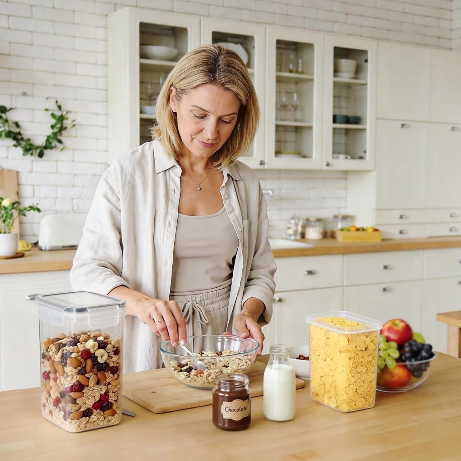 GoMaihe Set mit 16 Vorratsgläsern, Küchen-Organizer, Vorratsgläser mit Deckel, luftdichter Kunststoff, Aufbewahrungsbehälter für Müsli, Mehl, Cornflakes, alle trockenen Lebensmittel – Bild 7