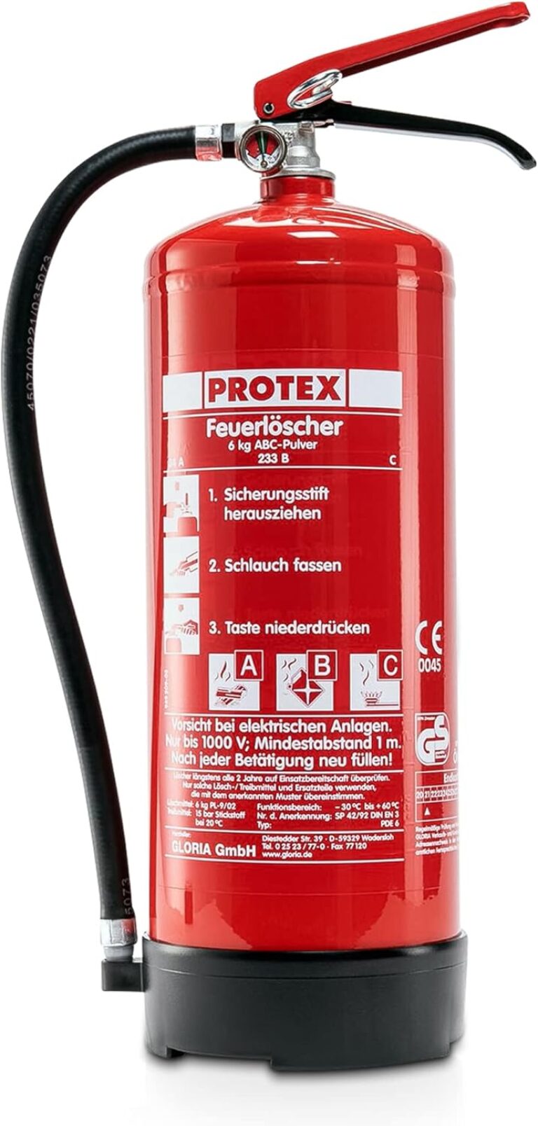 Protex Pulver-Feuerlöscher PDE 6 – 6 kg – für Brandklassen ABC – zertifiziert nach DIN EN 3 und CE – 9,5 kg – mit praktischer Halterung – mit Prüfplakette – hergestellt in der EU