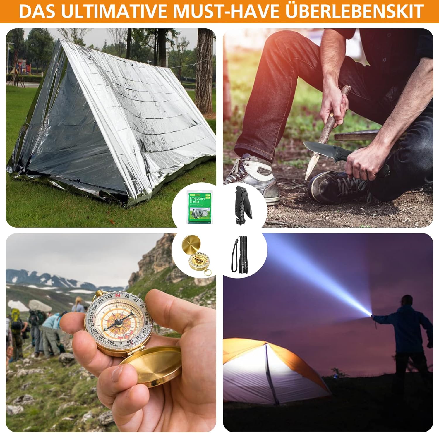 Outdoor-Notfall-Überlebensset mit Erste-Hilfe-Set, 180-teilig, Überlebensausrüstung mit Wasserfilter-Strohhalm, Multitool/Hammer/Axt, Geschenke für Männer, Camping, Abenteuer, Outdoor-Wandern – Bild 5