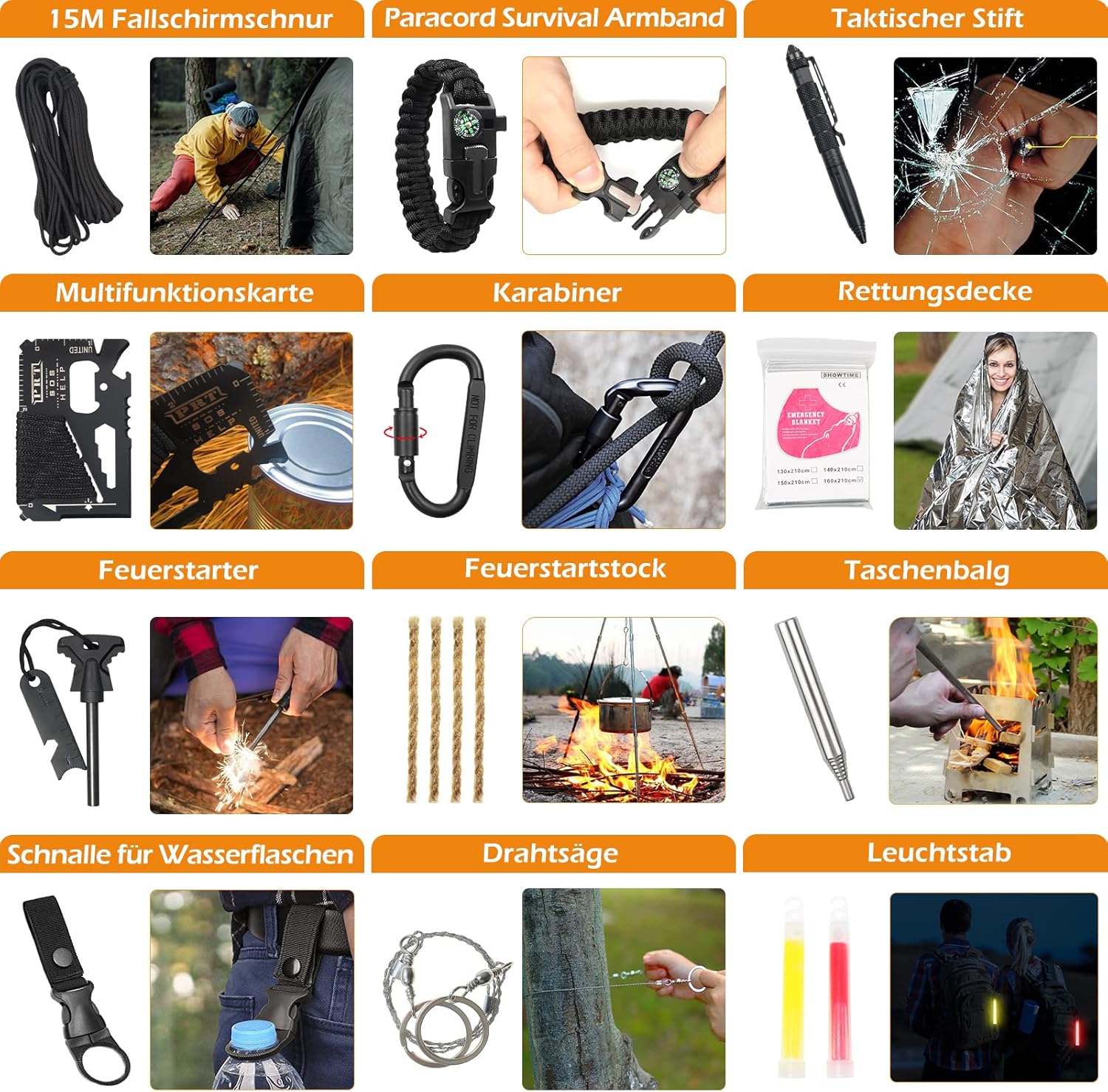 Outdoor-Notfall-Überlebensset mit Erste-Hilfe-Set, 180-teilig, Überlebensausrüstung mit Wasserfilter-Strohhalm, Multitool/Hammer/Axt, Geschenke für Männer, Camping, Abenteuer, Outdoor-Wandern – Bild 6