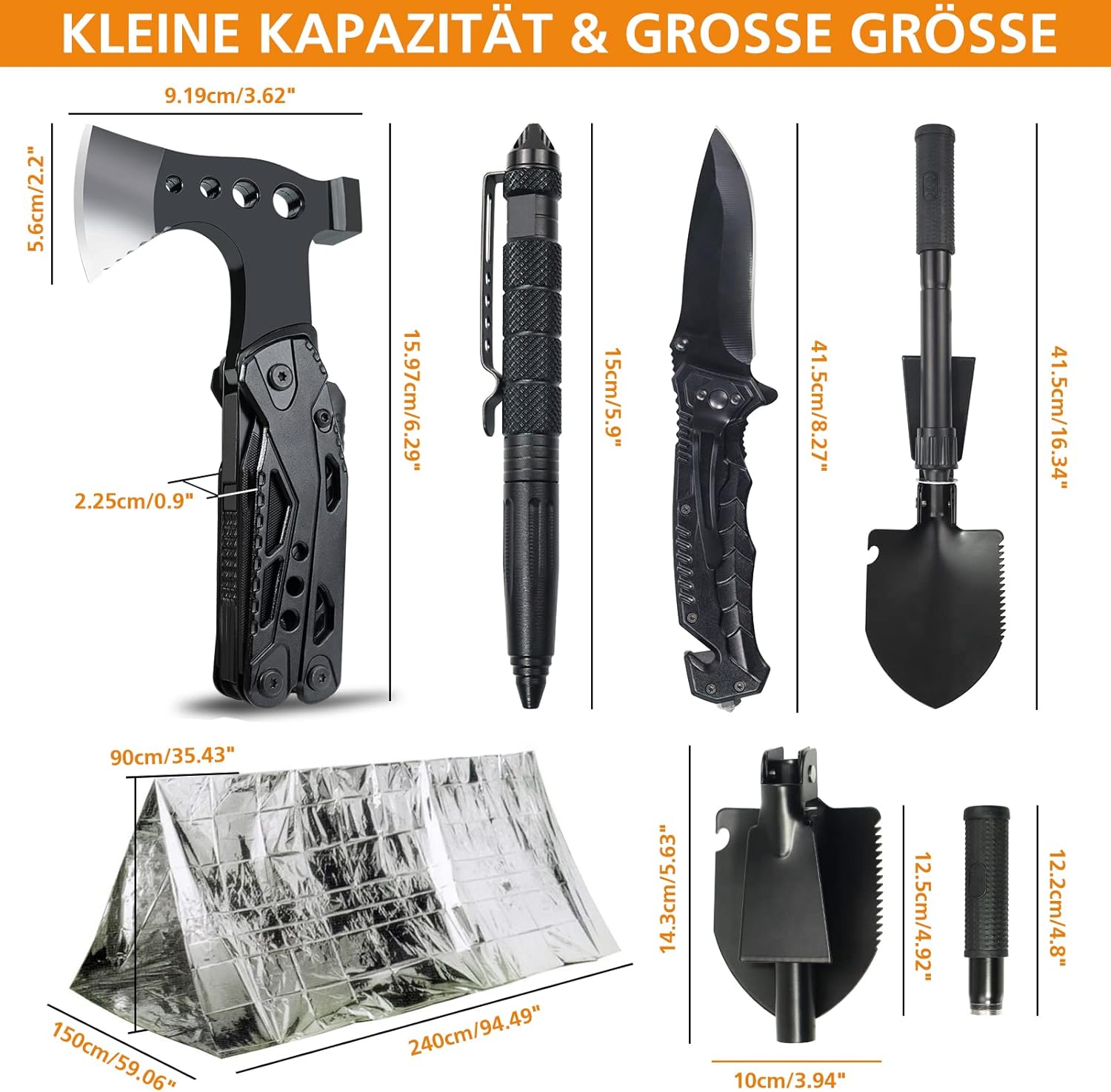 Outdoor-Notfall-Überlebensset mit Erste-Hilfe-Set, 180-teilig, Überlebensausrüstung mit Wasserfilter-Strohhalm, Multitool/Hammer/Axt, Geschenke für Männer, Camping, Abenteuer, Outdoor-Wandern – Bild 8