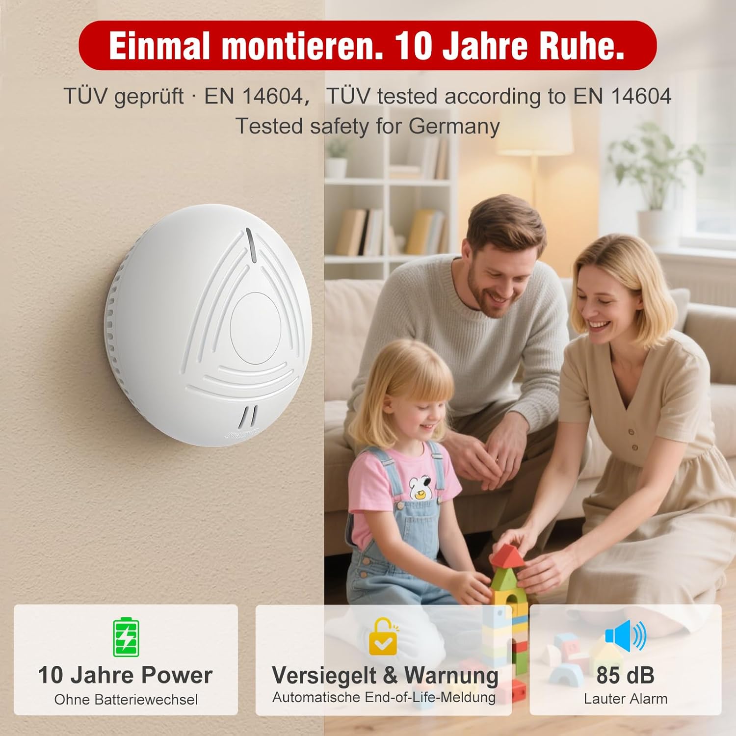 DAYTECH Rauchmelder 10-Jahres-Batterie – 4er-Set Rauchmelder mit Magnethalter-Set, TÜV Rheinland zertifiziert, Feueralarm & Feuermelder mit 85 dB Signal/Test/Stummschalter – Bild 2