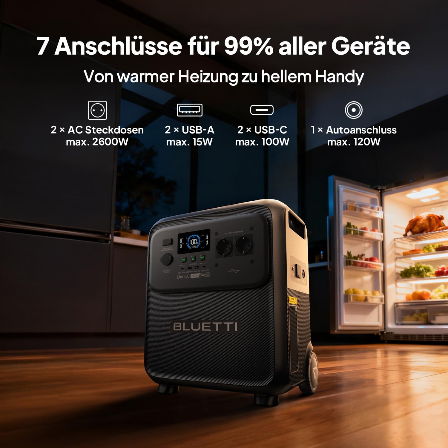 BLUETTI Elite 400 Power Station mit 2 x 200 W Solarpanels, 3840 Wh LFP-Batterie mit 2600 W AC-Ausgängen (3900 W Power Lifting), Notstrombatterie mit hoher Kapazität und Rädern für zu Hause – Bild 4