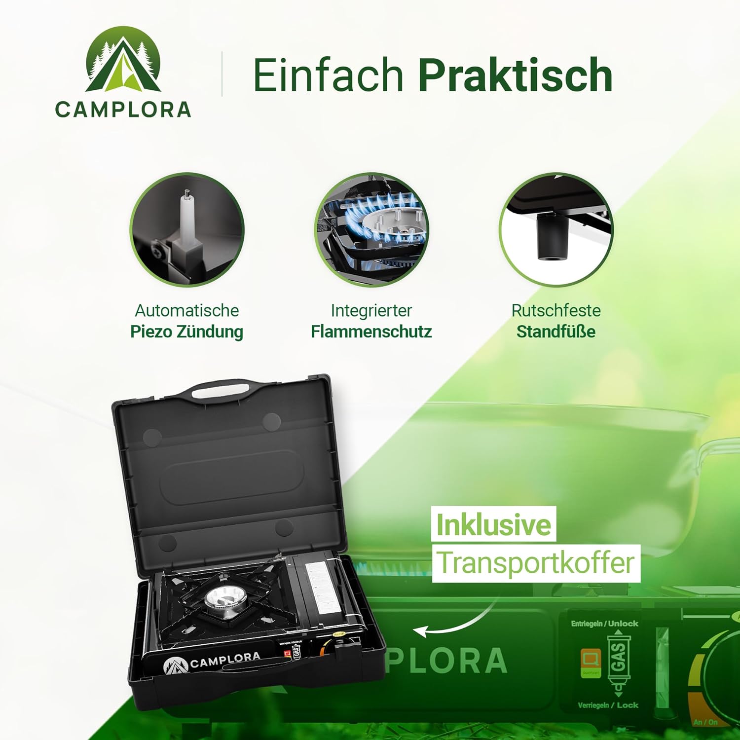 CAMPLORA Gaskocher für MFS-1a-Kartuschen inklusive Tragetasche mit Piezo-Zündung – Campingkocher 2,2 kW – inklusive Sicherheitsabschaltung – Bild 5