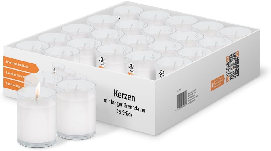 ration1.de 25 Kerzen, Teelichter groß, 24 Stunden Brenndauer, weiß, transparent, Lichtset unparfümiert, im klaren Kunststoffglas, ohne Duftstoffe, rußfrei, Dekoration für drinnen und draußen, Gastro, Party