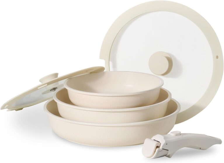 JEETEE Pfannenset 6-teilig mit abnehmbaren Griffen und Deckel, Antihaft-Kochgeschirrset, Pfanne 20/24/28 cm, stapelbares Topfset für alle Herdarten, ofenfest, Beige