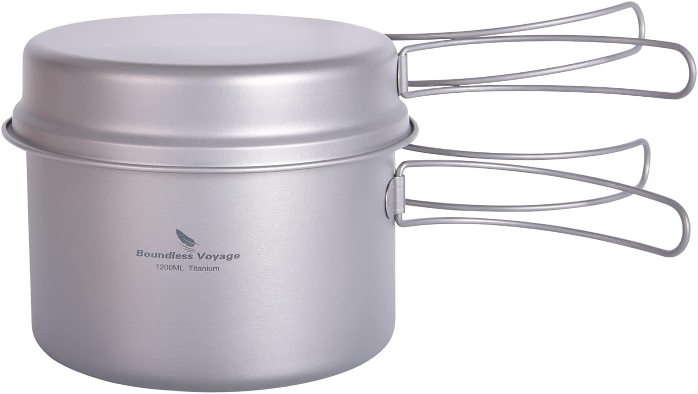 iBasingo Ti2110C Titan-Topf-Pfannen-Set, 1200 ml & 500 ml, Camping-Kochgeschirr, Outdoor-Schüssel-Set, leichtes Koch-Messset mit Klappgriff, Küchenutensilien, Campingausrüstung für 1 Person, 2 Teile/Set