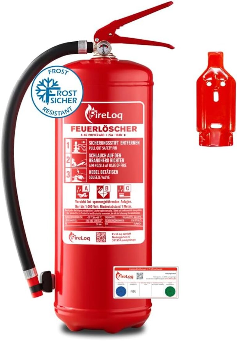 6 kg Pulver-Feuerlöscher für die Brandklasse ABC mit 9 LE Dauerdruck inklusive Prüfzeugnis, Wandhalterung und Manometer
