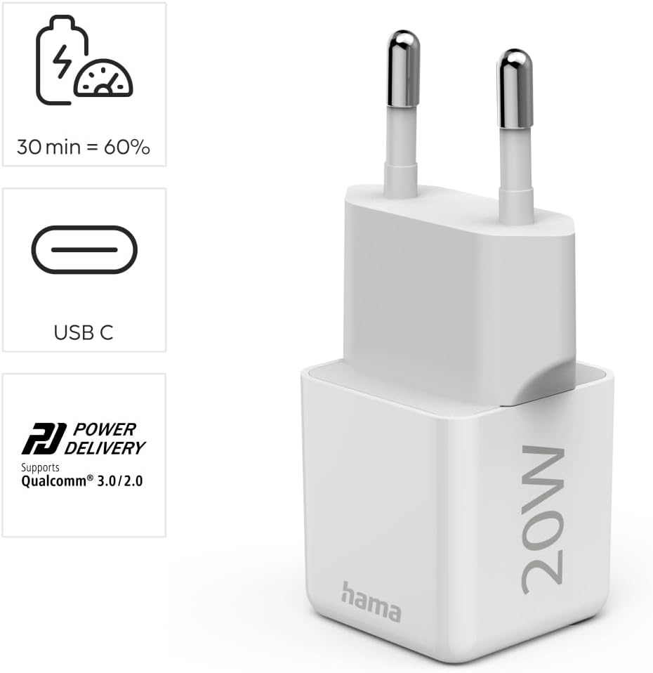 Hama Schnellladegerät mit USB-C (unterstützt Power Delivery und Qualcomm Quick Charge, 20 W, Super-Mini-Größe 2,75 x 2,75 x 2,90 cm, ideal für iPhone) weiß – Bild 2