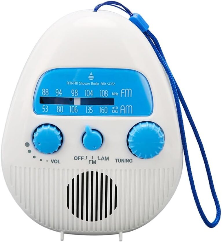Sarini Wasserdichtes kabelloses FM-Badezimmerradio, tragbares AM-FM-Duschradio, eingebauter Lautsprecher, batteriebetriebenes Digitalradio mit Tragegurt