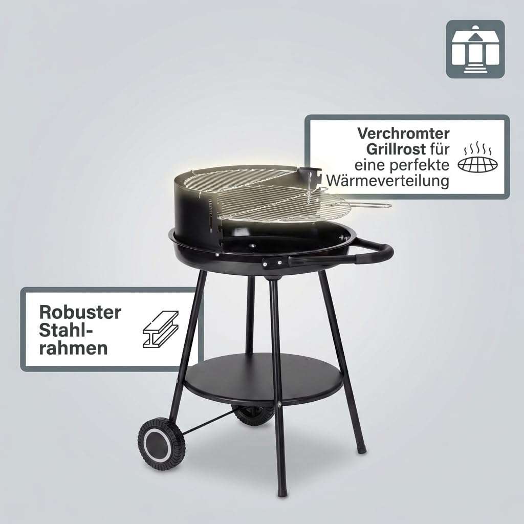 Tarrington House Deluxe Holzkohlegrill, Stahl, tragbarer, runder, höhenverstellbarer Grillrost, Durchmesser 48 cm, mit Rollen, Schwarz – Bild 2