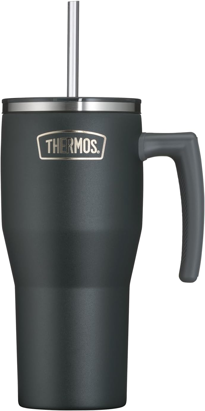 Thermos REFRESHING SERIES Isolierter Trinkbecher 0,85 l mattschwarzer Becher mit Strohhalm und Griff für Reisen, Arbeit oder Zuhause, geschmacksneutraler doppelwandiger Edelstahl