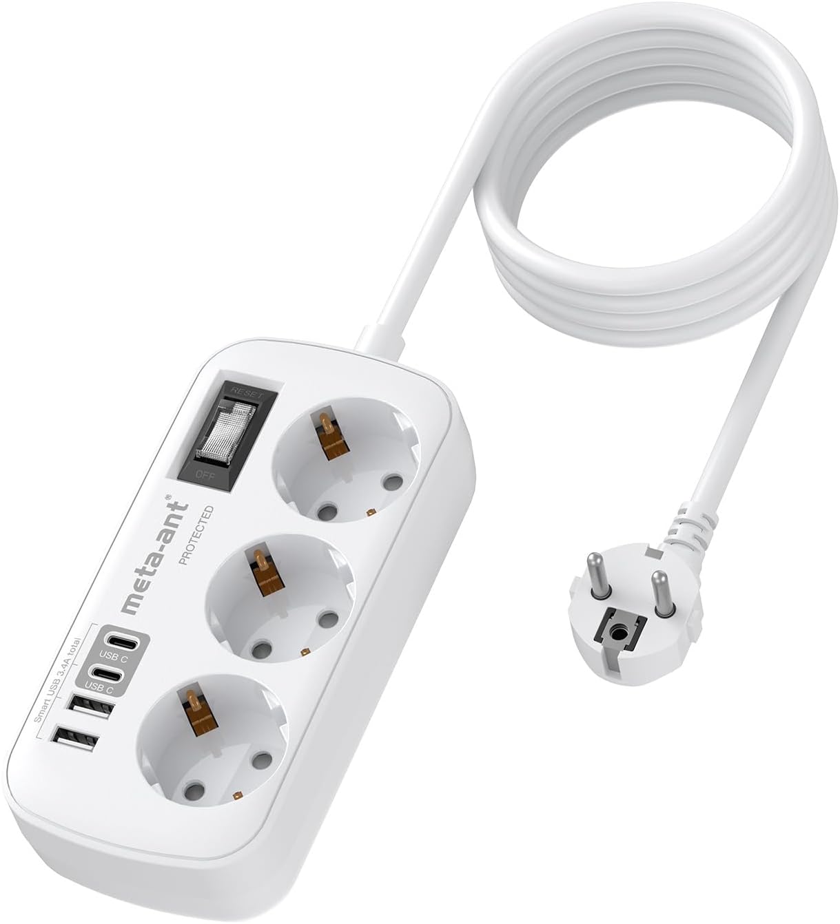 Steckdosenleiste mit USB 3,4 A 17 W, 3-fach Steckdosenleiste mit Überspannungsschutz 4000 W, Steckdose mit 4 USB (2 USB-C), 1,5 m, Wandsteckdosenleiste für Home Office, Weiß