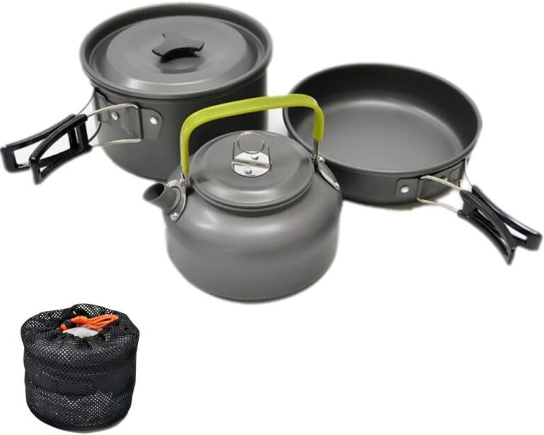 JZK Camping-Kochgeschirr-Set, 2–3 Personen, faltbar, Camping-Kochtopf-Set, Kochtopf, Pfanne, Teekanne, Aluminium, für Picknick im Freien, Camping und Wanderreisen