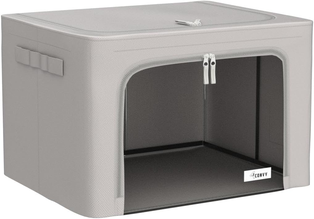 4CONVY Kleideraufbewahrung, Kleiderschrankbox mit Reißverschluss, Metallrahmen – große, faltbare, stapelbare Aufbewahrungsbox – 3 x 66 l Aufbewahrungstaschen – Kleiderbox für die Aufbewahrung von Bettdecken und Kleidung – Bild 4