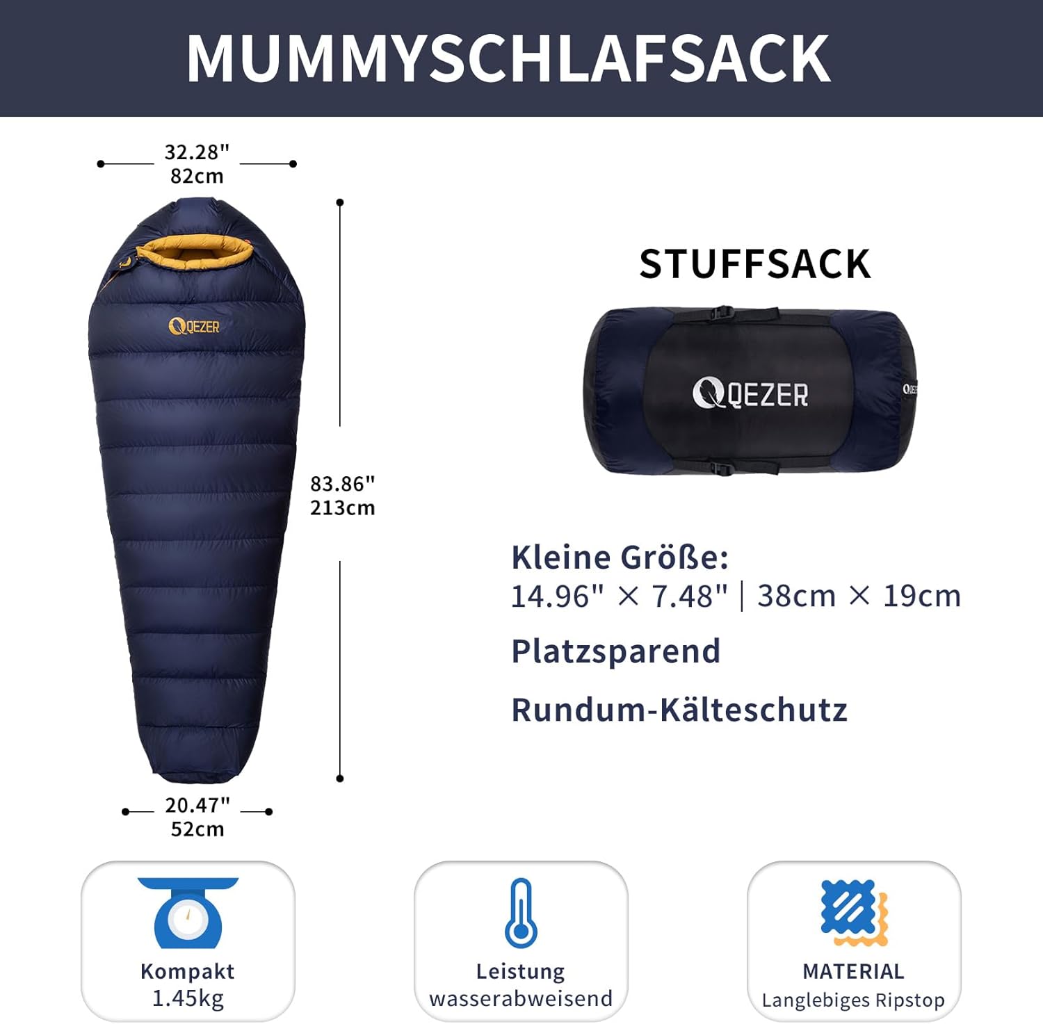 Daunenschlafsack, Winterschlafsack mit antistatischem Graphenfutter, 620FP Füllkraft, 1450 g, -24 °C bis 0 °C, geeignet für Camping, Wandern und Trekking. – Bild 2