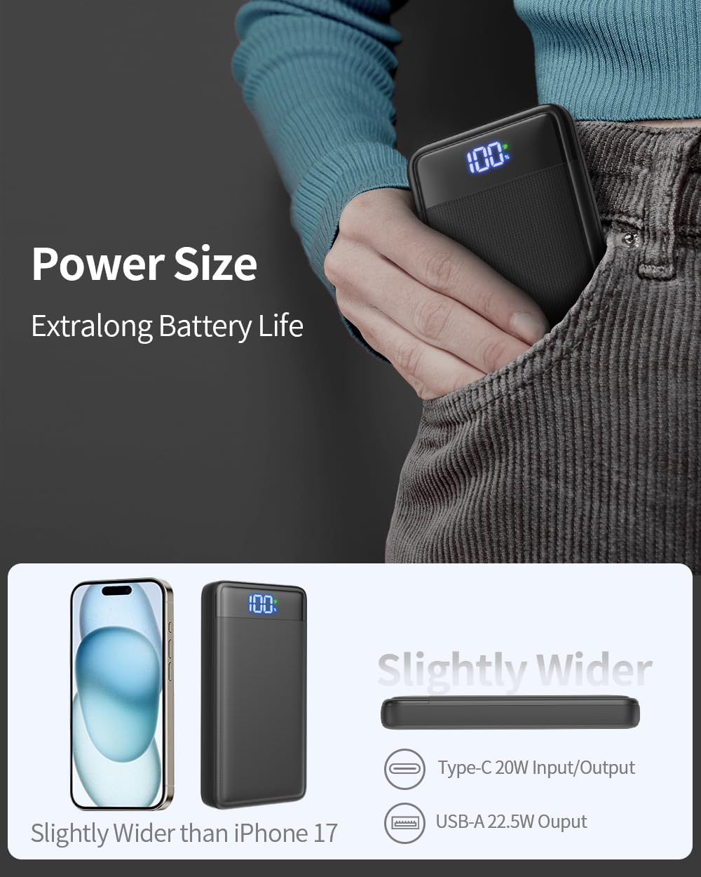 Powerbank 26800 mAh, 22,5 W Powerbank, externer Handy-Akku, Schnellladung, USB C Eingang & Ausgang mit LED-Anzeige, PD3.0 QC4.0 tragbares Ladegerät kompatibel mit iPhone 16 15 14 13 12 Pro Max iPad – Bild 6