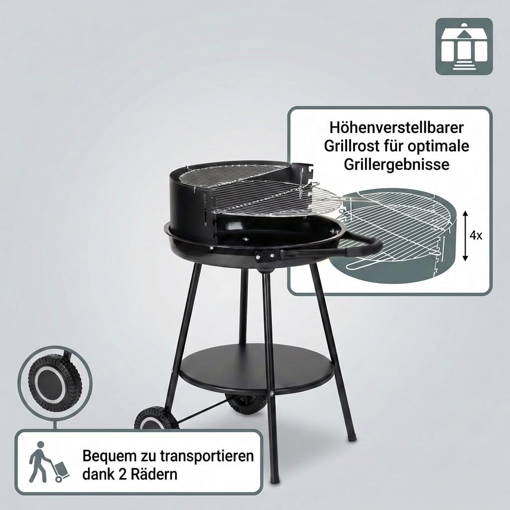 Tarrington House Deluxe Holzkohlegrill, Stahl, tragbarer, runder, höhenverstellbarer Grillrost, Durchmesser 48 cm, mit Rollen, Schwarz – Bild 3
