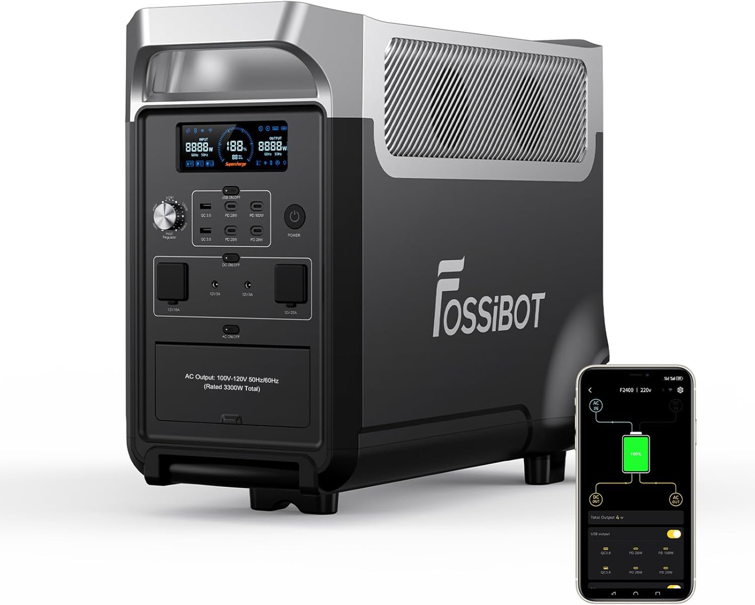 FOSSiBOT F3600 Pro Power Station, 3840Wh LiFePO4 tragbarer Solargenerator mit 3 x 230 V AC Ausgang 3600 W (7200 W Peak), Power Station (USV) schnelles Stromspeicher-Laden für Zuhause, Stromausfall, Reisen