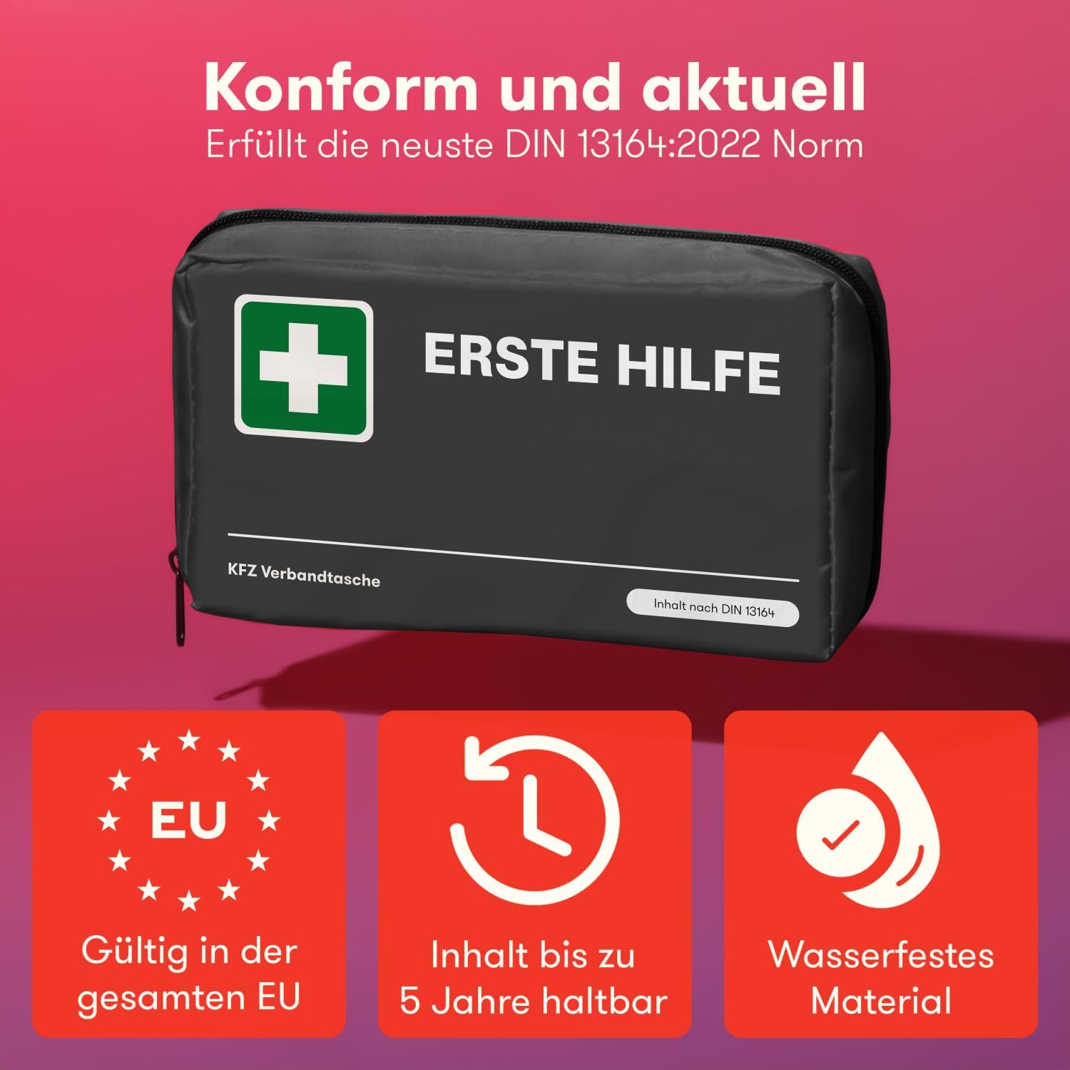 PURAHELP® Erste-Hilfe-Set Auto Schwarz (DIN 13164) – Auto-Verbandtasche StVO konform für 2025 – Auto-Verbandkasten & Sanitärset – Kompaktes Notfallset für unterwegs – Erste-Hilfe-Set nach aktuellem Stand – Bild 2