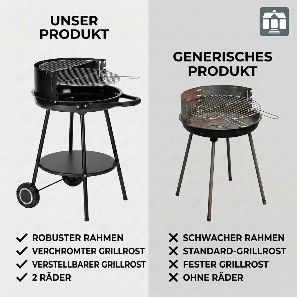 Tarrington House Deluxe Holzkohlegrill, Stahl, tragbarer, runder, höhenverstellbarer Grillrost, Durchmesser 48 cm, mit Rollen, Schwarz – Bild 5