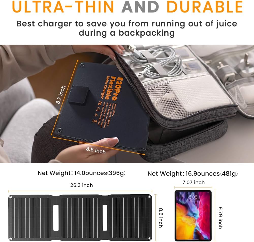 FlexSolar Solarpanel-Ladegerät, 20 W, 5 V, USB-A, USB-C-Ausgang, tragbar, faltbar, kleiner Strom, IP67, wasserdicht, Camping, Rucksackreisen, Wandern, Notfall für Mobiltelefone, Powerbanks – Bild 5