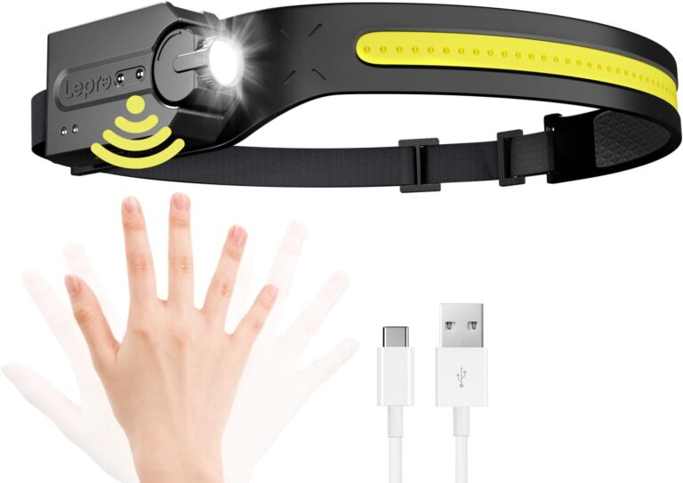 Lepro Stirnlampe, superhelle LED-Stirnlampe, wiederaufladbar mit 230° breitem Lichtstrahl, verstellbarer Scheinwerfer, Bewegungssensor, 5 Modi, wasserdicht, leichte Stirnlampe für Camping, Laufen