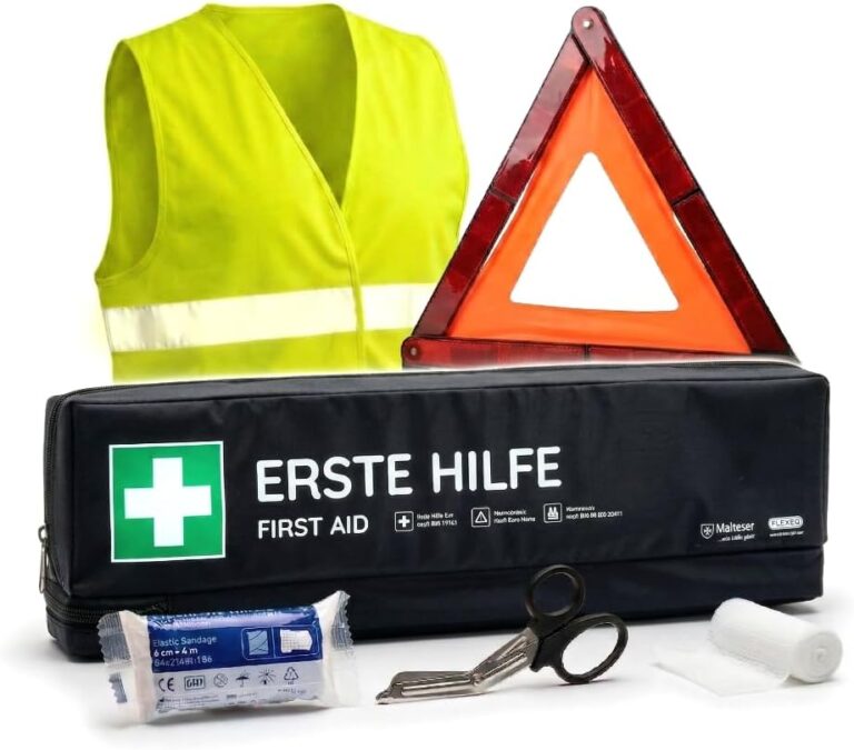 Auto-Verbandstasche inkl. Warndreieck und Warnweste nach aktueller DIN 13164:2022, gültig für 2023, Verbandskasten für Auto, Auto, Motorrad, schwarz, Langformat