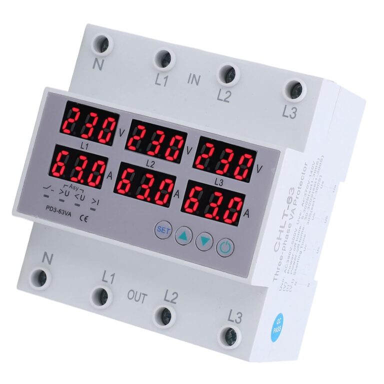 DIN-Schienen-Voltmeter-Amperemeter, 3 Phasen, mit digitalem Display, automatischem Reset, Tester-Messgerät, Überspannungsschutz, Überstromschutz, AC 390–500 V (63 A)